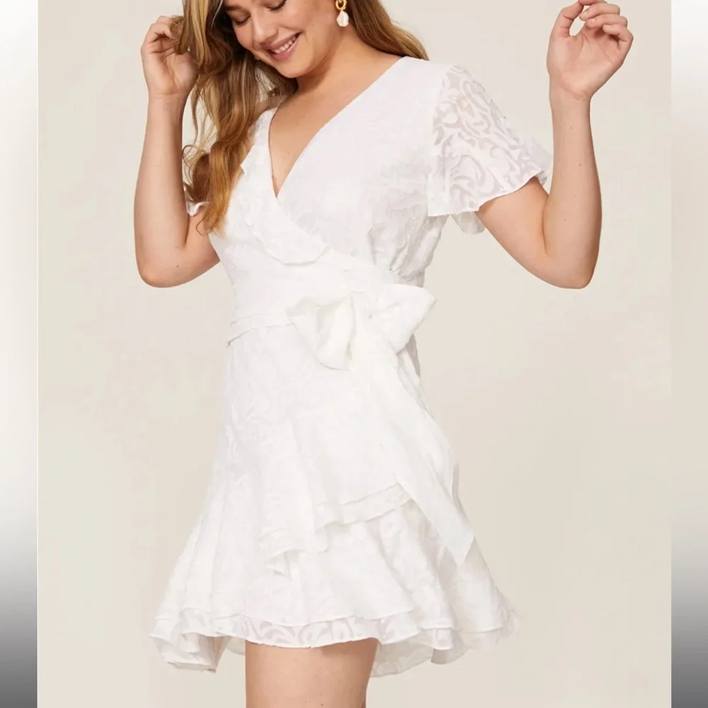 Tanya Taylor Floral Bianka Flutter Sleeve Tie Waist V-Neck Mini Wrap Dress White